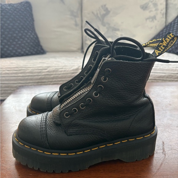 Dr. Martens Shoes - Dr. Martens Black Leather Platform Combat Boots with Yellow Stitching